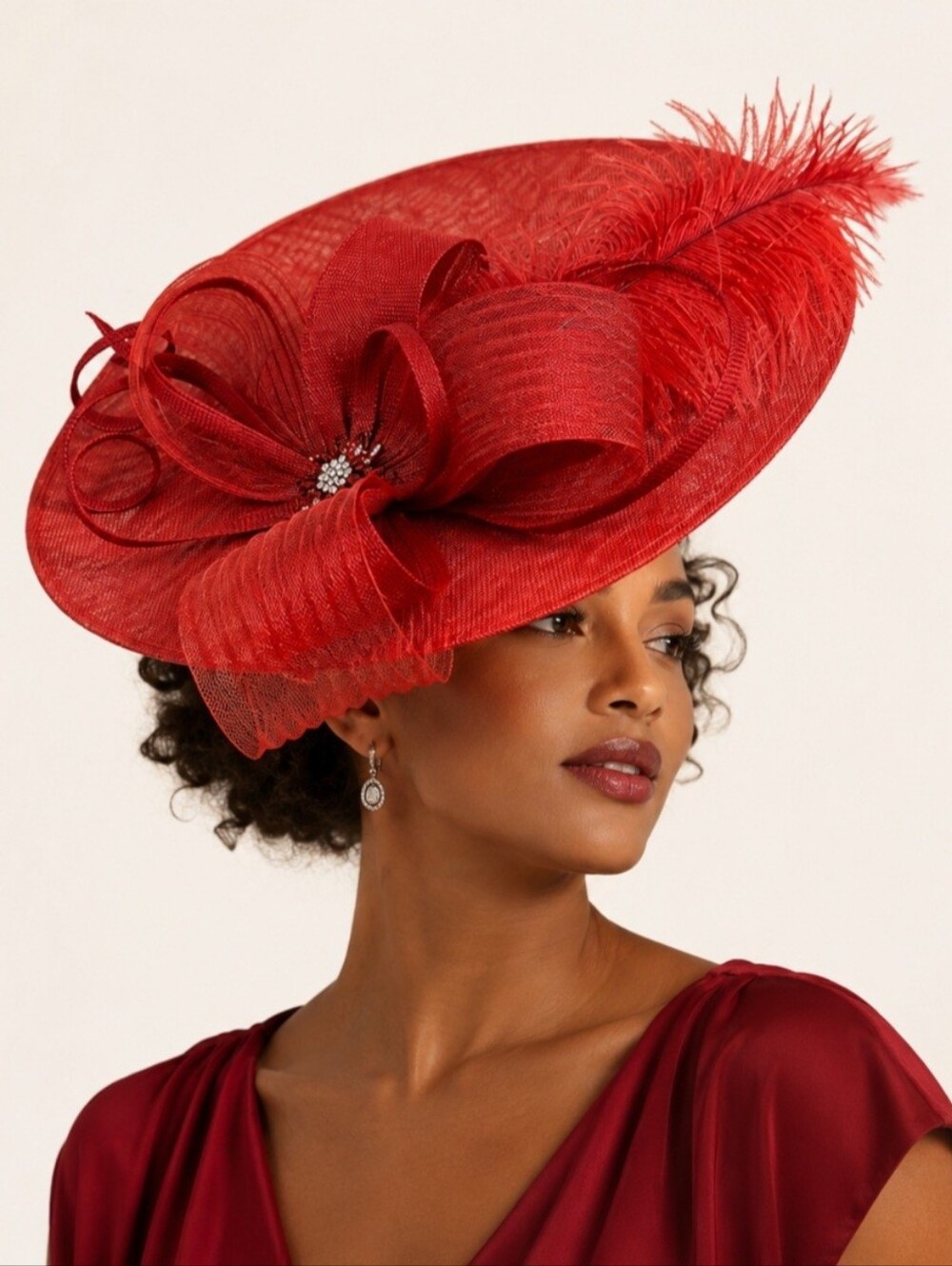 Women's Red Fascinator Hat Wide Brim Kentucky Derby Church Wedding Tea Party